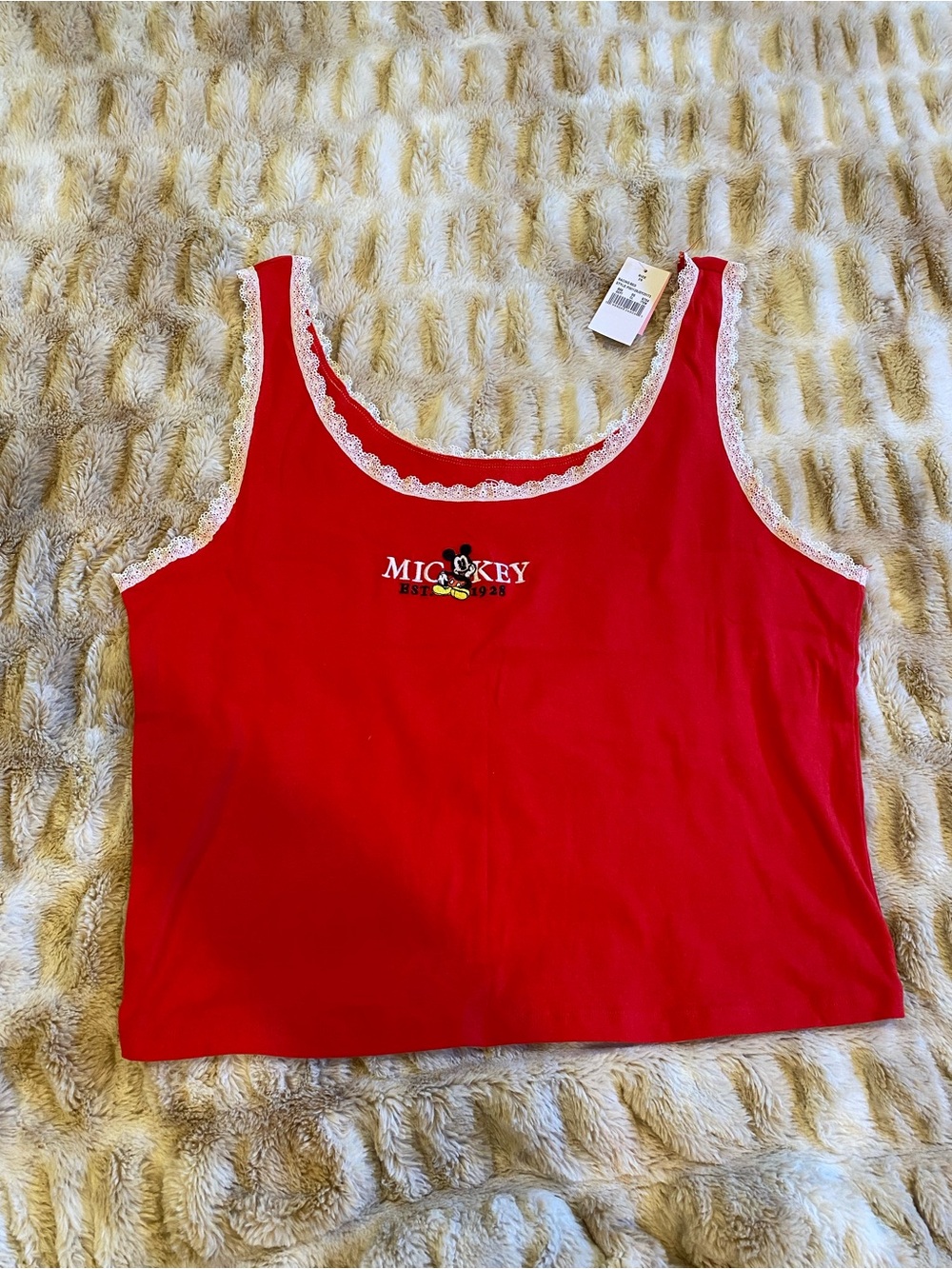 Disney Red Tank Top with White Lace Trim and Mickey Logo